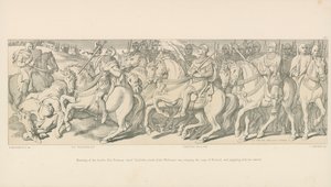 Ochtend van de slag. De Normandische hoofdman Taillefer leidt het voorhoede van hertog Willem, zingend het lied van Roland en jonglerend met zijn zwaard door Daniel Maclise