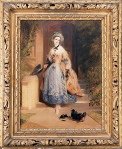 Portret van Louisa Jane, markiezin van Abercorn, klein op volledige lengte, in een rijk geborduurde gele en blauwe jurk, bij de ingang van een huis, met een spaniël, 1832