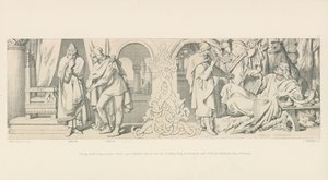Tostig, overwegend een nieuwe aanval op Harold, vraagt de hulp van Sweyn, koning van Denemarken en van Harold Hardrada, koning van Noorwegen door Daniel Maclise