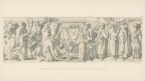 William toont de relieken van St. Valery om de ontevredenheid van een deel van zijn troepen over de voorgestelde invasie te sussen door Daniel Maclise