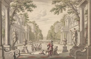 Uitzicht op een paleistuin met een centrale vijver omringd door klassieke architectuur, ca. 1700-1720 door Daniel Marot