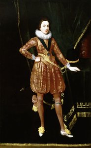 Portret van koning Karel I als de Prins van Wales, in volle lengte, voor een groene fluwelen draperie, met de Orde van Sint-George, een goudgeborduurde wambuis en broek, zijn linkerhand rustend naast zijn hoed op een tafel