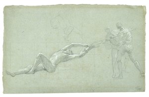 Studie voor Het Beleg van Gibraltar (Studie van geredde figuur en twee figuren die aan een roeispaan trekken), 1785-1786 door Daniel Mytens