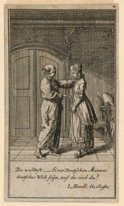 Een vader of voogd die met een meisje praat, illustratie van het toneelstuk "Nicht mehr als sachs Schuesseln" door Fredrich Wilhelm Grossman in "Königl: Grosbrit [anische] Genealogischer Kalender auf das 1782 Jahr Lauenberg bey J.G. Berenberg"