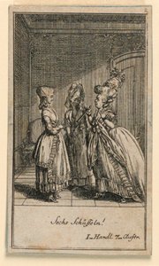 Een Oudere Vrouw Scheldt een Meisje uit, Illustratie van het Toneelstuk "Nicht mehr als sachs Schuesseln" door Fredrich Wilhelm Grossman in "Königl: Grosbrit [anische] Genealogischer Kalender auf das 1782 Jahr Lauenberg bey J.G. Berenberg"