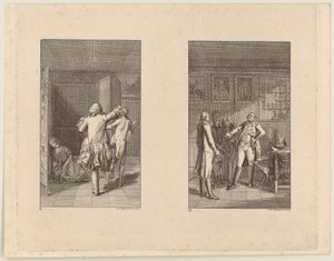De baron jaagt Candide het kasteel uit [links]; Candide, Kunigunde en de oude vrouw voor de stadhouder van Buenos Aires [rechts] door Daniel Nikolaus Chodowiecki