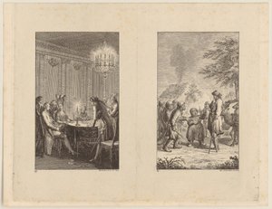 Candide bij een actrice [links]; Candide in Noorwegen [rechts] door Daniel Nikolaus Chodowiecki