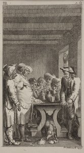 De hond van de scheerder likt het gekleurde water uit een gebroken vat onder de tafel, waar 4 boeren zitten en 3 staan, die tabak roken en drinken. ob. III, p. 61. door Daniel Nikolaus Chodowiecki