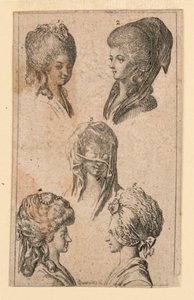 Vijf hoofddeksels, gedragen door Berlijnse vrouwen, illustratie voor "Königl: Grosbrit [anische] Genealogischer Kalender auf das 1782 Jahr Lauenberg bey J.G. Berenberg" door Daniel Nikolaus Chodowiecki
