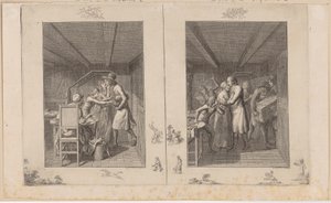 Ludwig onderhoudt het gezin nauwelijks met zijn werk [links]; De vader keert verrijkt met schatten terug naar zijn gezin [rechts] door Daniel Nikolaus Chodowiecki