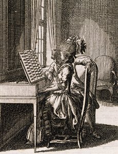 Muziek, vrouw die het spinet speelt, door Daniel Niklaus Chodowiecki, uit Occupations des dames, Duitsland, Polen