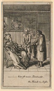 De oudere vrouw huurt een man, illustratie van het toneelstuk "Nicht mehr als sachs Schuesseln" door Fredrich Wilhelm Grossman in "Königl: Grosbrit [anische] Genealogischer Kalender auf das 1782 Jahr Lauenberg bey J.G. Berenberg" door Daniel Nikolaus Chodowiecki