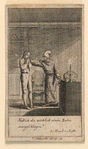 De Klap in het Gezicht, Illustratie van het Toneelstuk "Nicht mehr als sachs Schuesseln" door Fredrich Wilhelm Grossman in "Königl: Grosbrit [anische] Genealogischer Kalender auf das 1782 Jahr Lauenberg bey J.G. Berenberg" door Daniel Nikolaus Chodowiecki