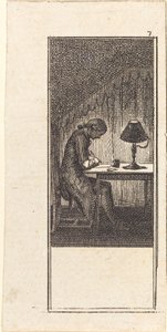 Jonge man schrijft bij lamplicht