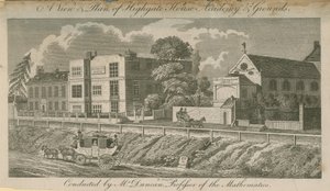 Een uitzicht en plan van de gronden van Highgate House Academy