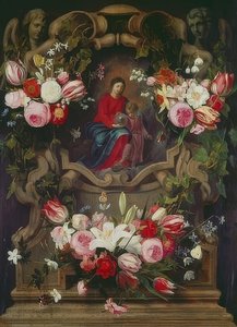 Bloemenkrans met Madonna en kind door Daniel Seghers