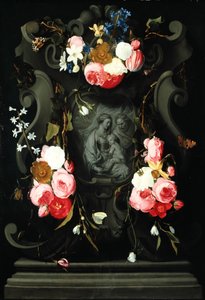 Bloemenguirlande met de Heilige Familie door Daniel Seghers