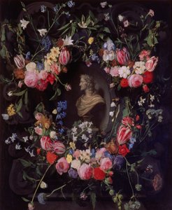 Bloemenslinger rond een marmeren buste van aartshertog Leopold Guglielmo