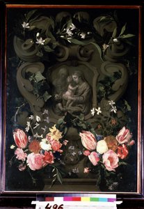 Madonna en kind, heilige Elisabeth en Johannes de Doper als kind in een bloemenkrans
