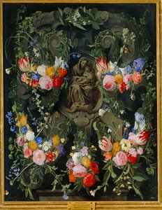 Madonna in een bloemenkrans (olieverf op doek)