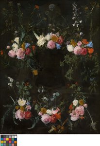 Gebeeldhouwde cartouche versierd met bloemenkransen door Daniel Seghers