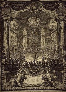 Het grote feest van H.K.H. de Prinses van Oranje, gevierd in december 1686 in de Salon du Bois in Den Haag, ter ere van de verjaardag van de Prins van Oranje (gravure) door Daniel the Elder Marot