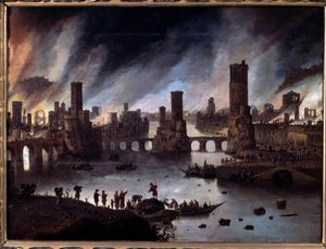 Uitzicht op de brand van Troje. Schilderij door Daniel van Heil (1604-1662) 17e eeuw. Besancon, Musee Des Beaux Arts