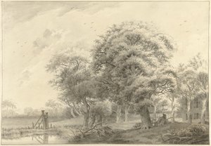 Landschap met op de achtergrond een in neoclassicistische stijl gebouwde buitenplaats door Daniël Kerkhoff