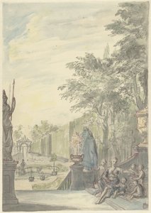 Gezicht vanaf een terras in een ornamentale tuin door Daniël Marot (II)