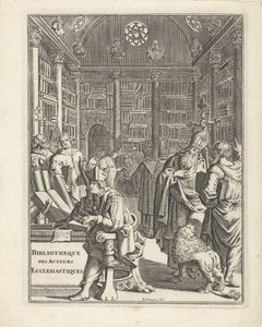 Bibliotheekinterieur met geestelijken door Daniël met de Penningen