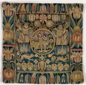 Wandtapijtkussenhoes die Simson uitbeeldt die de leeuw doodt, gemaakt in Sleeswijk-Holstein, Denemarken, c.1615 door Danish School