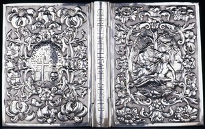 Boven- en onderboekomslag met loofwerk en een afbeelding van de barmhartige Samaritaan, 1740 door Danish School