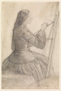 Elizabeth Siddal zittend aan een ezel, schilderend, ca. 1854-55 door Dante Gabriel Charles Rossetti