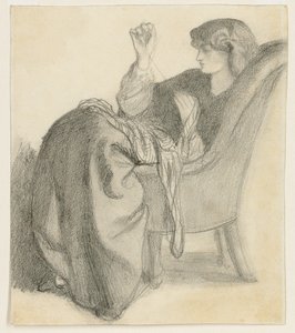 Lachesis: Studie van Jane Morris zittend in een stoel en aan het naaien, 1860s door Dante Gabriel Charles Rossetti