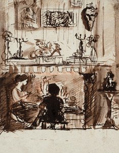 Lizzie Siddal en Woolner in een denkbeeldige kamer (pen, inkt en gewassen) door Dante Gabriel Charles Rossetti