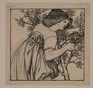 De huwelijksreis van koning René - Tuinieren - Ontwerp voor een beschilderd paneel voor het kabinet door Dante Gabriel Rossetti
