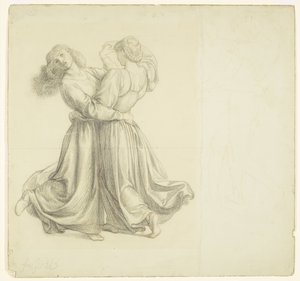 The Bower Meadow - Drapery Studie voor de dansende twee meisjes door Dante Gabriel Rossetti