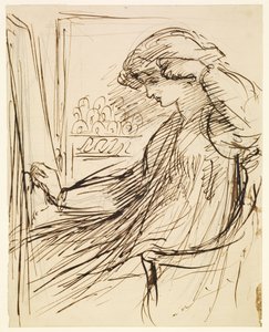 Zittende vrouw bij een borduurraam of schildersezel door Dante Gabriel Rossetti