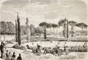 Wagenrennen in Villa Borghese, Rome, Italië, gravure naar tekening van Dante Paolocci, uit L