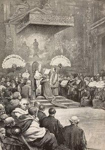 Consistorie op 13 november, Paus Leo XIII waar hij nieuwe kardinalen creëerde, Vaticaan, gravure naar tekening van Dante Paolocci, uit L