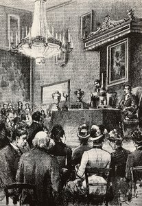 Verkiezing van Regenten in de Republiek San Marino, gravure naar tekening van Dante Paolocci, uit L