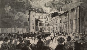 Brand van Israëlische scholen in 1893, Rome, Italië, gravure naar tekening van Dante Paolocci door Dante Paolocci