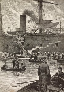 Italiaanse soldaten aan boord van slagschip Principe Amedeo, Italiaanse expeditie in Rode Zee, Napels, Italië, gravure naar tekening van Dante Paolocci, uit L