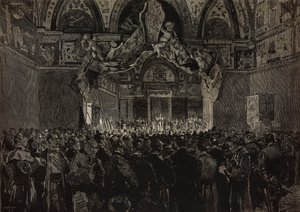 Leo XIII ontvangt Franse pelgrims in Ducal Hall, Pauselijk Jubileum, Vaticaan, gravure naar tekening van Dante Paolocci, uit L