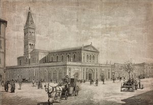 Nieuwe kerk van het Heilig Hart in Rome, Italië, gravure naar tekening van Dante Paolocci, uit L