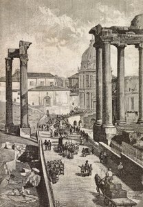 Doortocht door het Forum, Rome, Italië, gravure naar tekening van Dante Paolocci, uit L