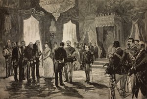 Prins van Napels, Alfonso Maria Giuseppe Alberto van Bourbon-Twee Siciliën in onderluitenant uniform, bij nieuwjaarsreceptie in Quirinal, Italië, gravure naar tekening van Dante Paolocci, uit L