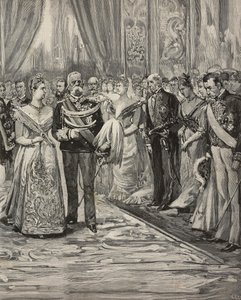 Umberto I en Margherita van Savoye bij concert ter gelegenheid van hun zilveren huwelijk, Palazzo del Quirinale, Rome, Italië, gravure naar tekening van Dante Paolocci door Dante Paolocci
