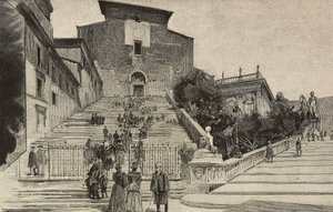 Uitzicht op de Basiliek van Santa Maria in Aracoeli, Rome, Italië, gravure naar tekening van Dante Paolocci
