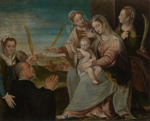 Maagd en kind met heiligen Catharina, Lucia, Justina van Padua en een Benedictijnse monnik door Dario Varotari the Elder
